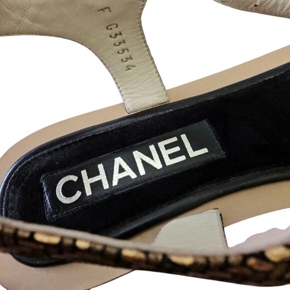 Chanel CC Chain Thong Fantasy Goatskin Sandal Black Gold Size 37.5 C US 6.5 7 - Picture 10 of 14